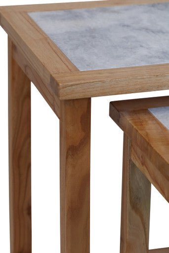 Set of 2 Large White Marble Top Nesting Side Tables with Natural Wood Frames
