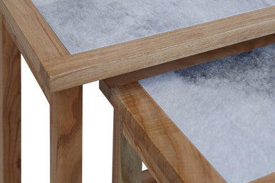 Set of 2 Large White Marble Top Nesting Side Tables with Natural Wood Frames