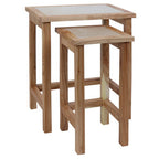 Set of 2 Small Cream Marble Top Nesting Side Tables with Natural Wood Frames