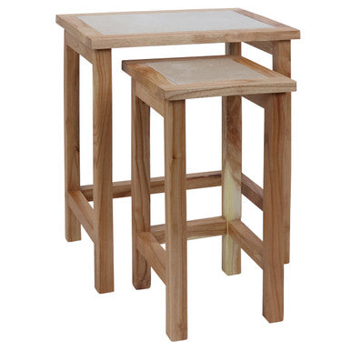 Set of 2 Small Cream Marble Top Nesting Side Tables with Natural Wood Frames