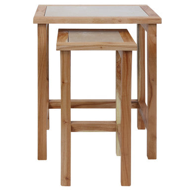 Set of 2 Small Cream Marble Top Nesting Side Tables with Natural Wood Frames