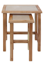 Set of 2 Small Cream Marble Top Nesting Side Tables with Natural Wood Frames