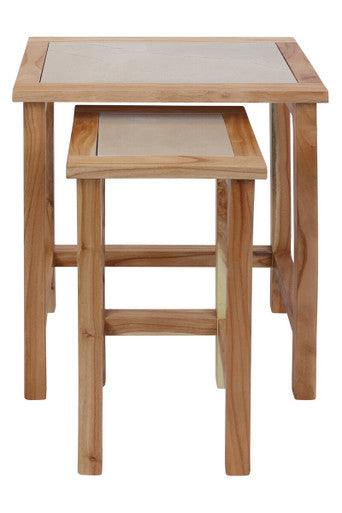 Set of 2 Small Cream Marble Top Nesting Side Tables with Natural Wood Frames