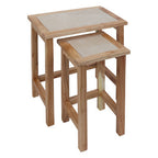 Set of 2 Small Cream Marble Top Nesting Side Tables with Natural Wood Frames