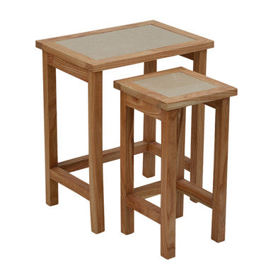 Set of 2 Small Cream Marble Top Nesting Side Tables with Natural Wood Frames