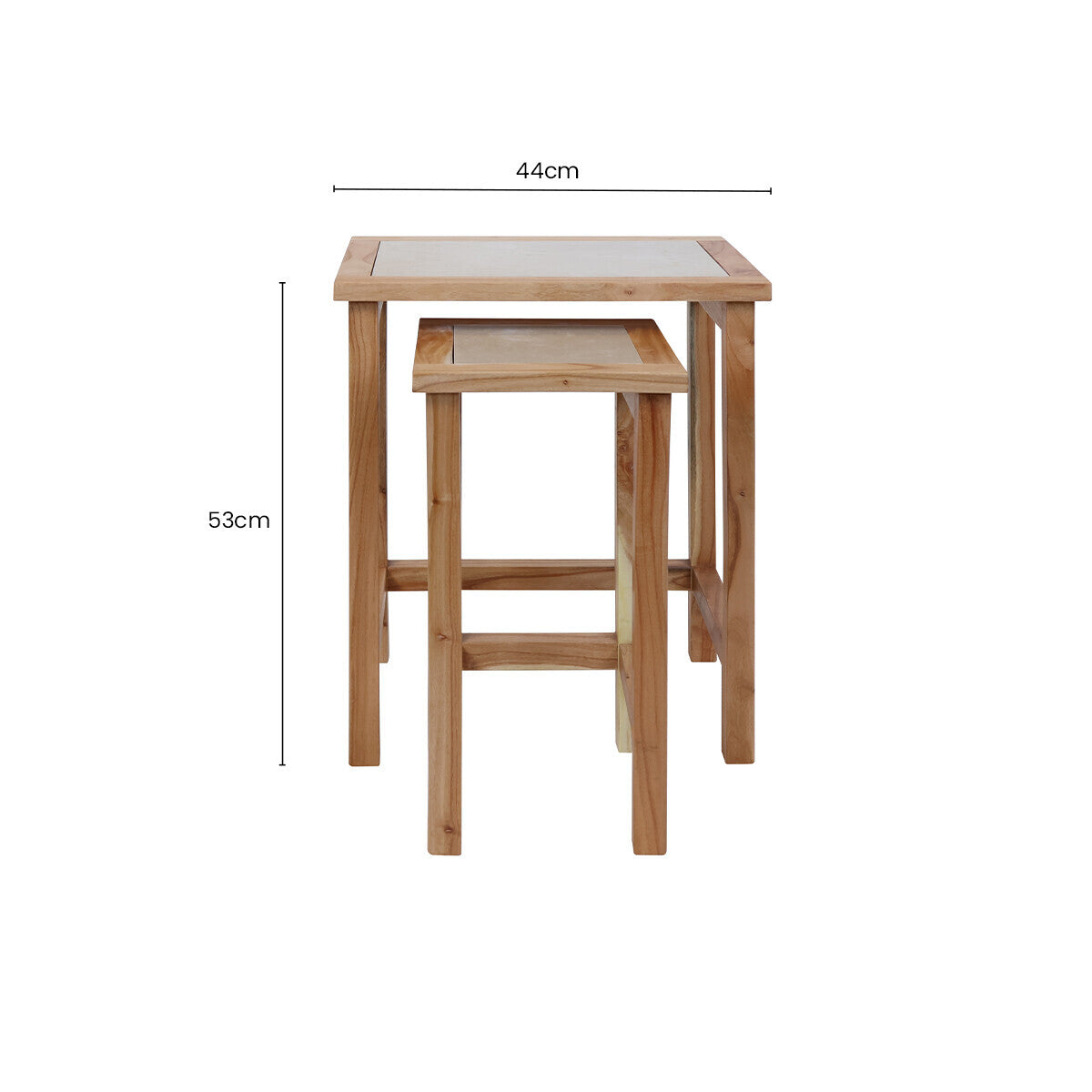 Set of 2 Small Cream Marble Top Nesting Side Tables with Natural Wood Frames