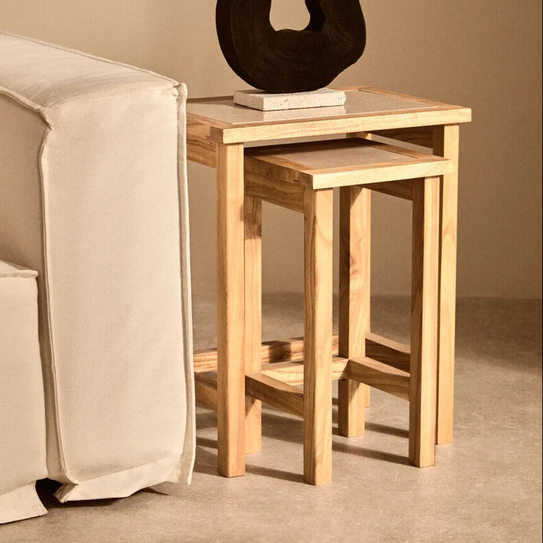 Set of 2 Small Cream Marble Top Nesting Side Tables with Natural Wood Frames