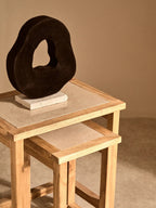 Set of 2 Small Cream Marble Top Nesting Side Tables with Natural Wood Frames