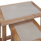 Set of 2 Small Cream Marble Top Nesting Side Tables with Natural Wood Frames