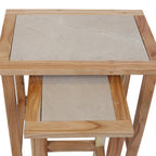 Set of 2 Small Cream Marble Top Nesting Side Tables with Natural Wood Frames