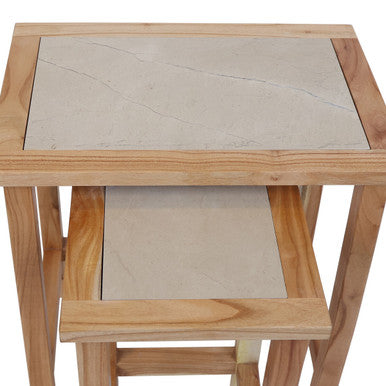 Set of 2 Small Cream Marble Top Nesting Side Tables with Natural Wood Frames