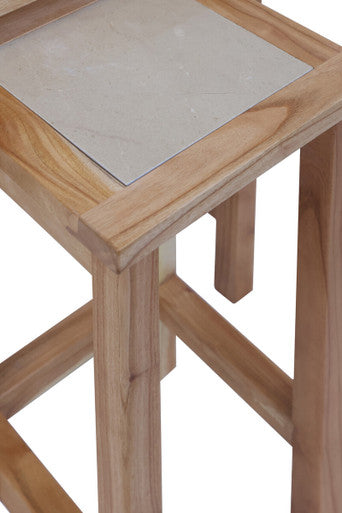 Set of 2 Small Cream Marble Top Nesting Side Tables with Natural Wood Frames