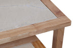 Set of 2 Small Cream Marble Top Nesting Side Tables with Natural Wood Frames