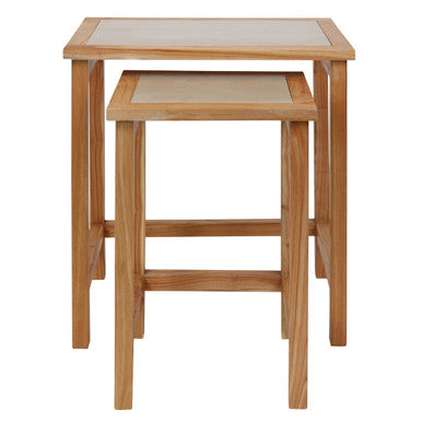 Set of 2 Large Cream Marble Top Nesting Side Tables with Natural Wood Frames