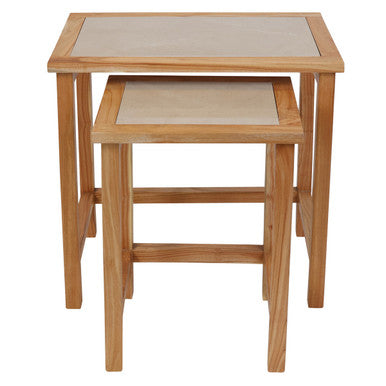 Set of 2 Large Cream Marble Top Nesting Side Tables with Natural Wood Frames