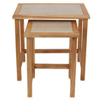Set of 2 Large Cream Marble Top Nesting Side Tables with Natural Wood Frames