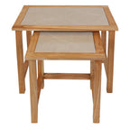 Set of 2 Large Cream Marble Top Nesting Side Tables with Natural Wood Frames