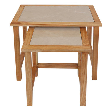 Set of 2 Large Cream Marble Top Nesting Side Tables with Natural Wood Frames