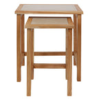 Set of 2 Large Cream Marble Top Nesting Side Tables with Natural Wood Frames
