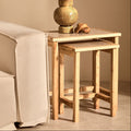 Set of 2 Large Cream Marble Top Nesting Side Tables with Natural Wood Frames