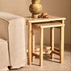 Set of 2 Large Cream Marble Top Nesting Side Tables with Natural Wood Frames