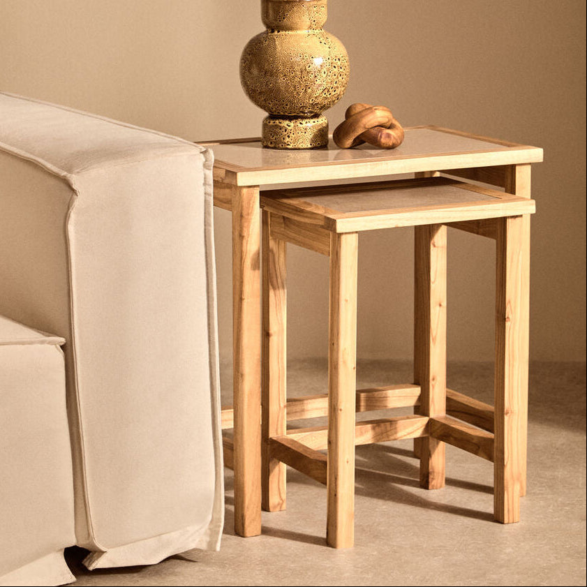 Set of 2 Large Cream Marble Top Nesting Side Tables with Natural Wood Frames