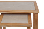 Set of 2 Large Cream Marble Top Nesting Side Tables with Natural Wood Frames