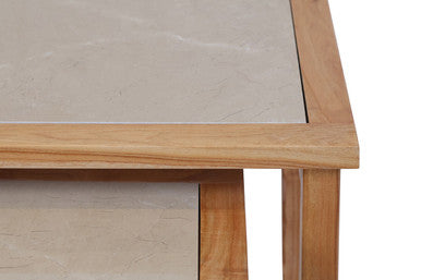 Set of 2 Large Cream Marble Top Nesting Side Tables with Natural Wood Frames