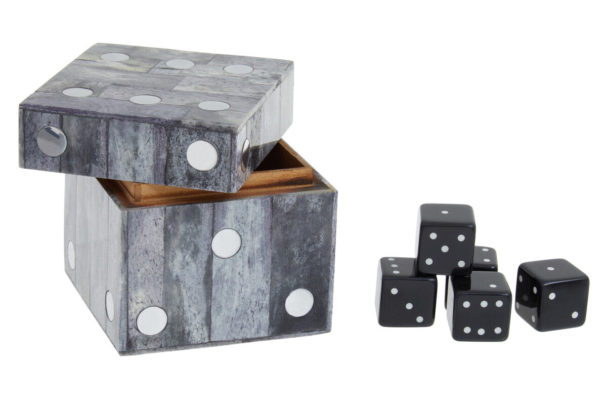Grey Bone Dice Box with 5 Black Dice