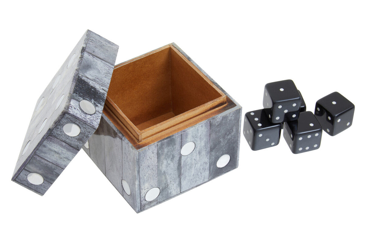Grey Bone Dice Box with 5 Black Dice