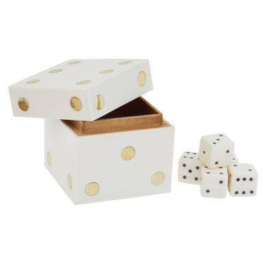 White and Gold Dice Box with Five White Dice