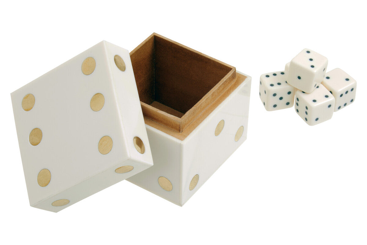 White and Gold Dice Box with Five White Dice