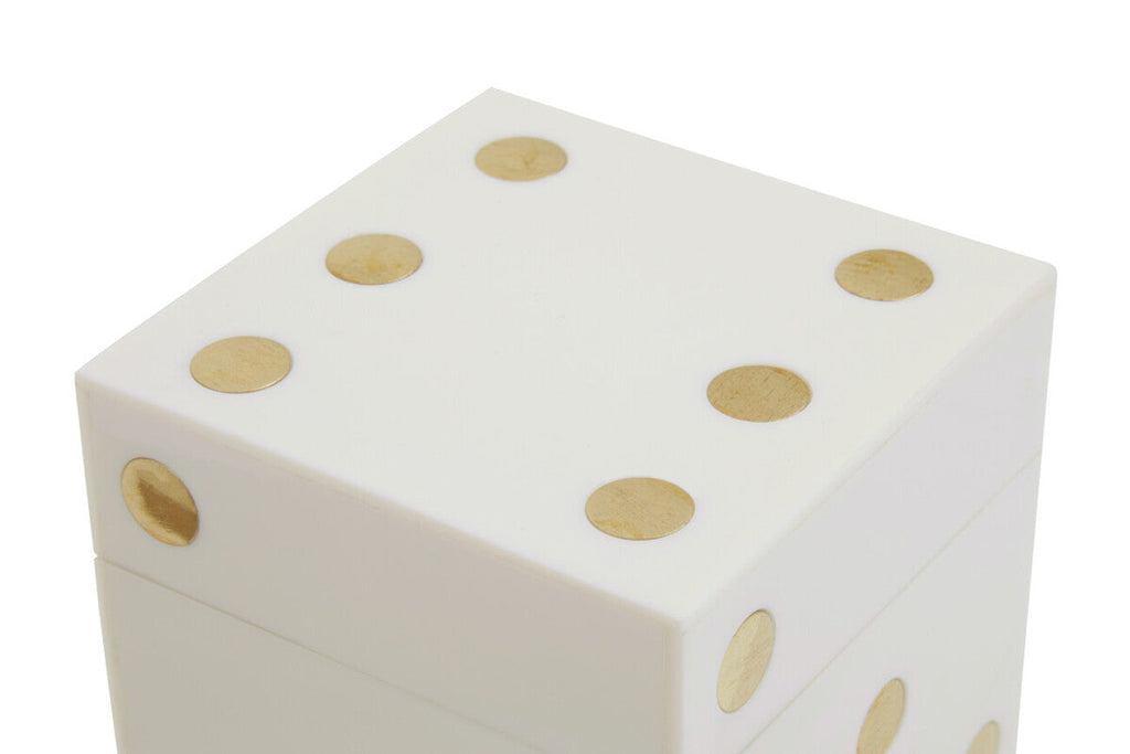 White and Gold Dice Box with Five White Dice