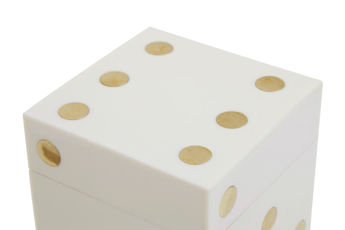 White and Gold Dice Box with Five White Dice