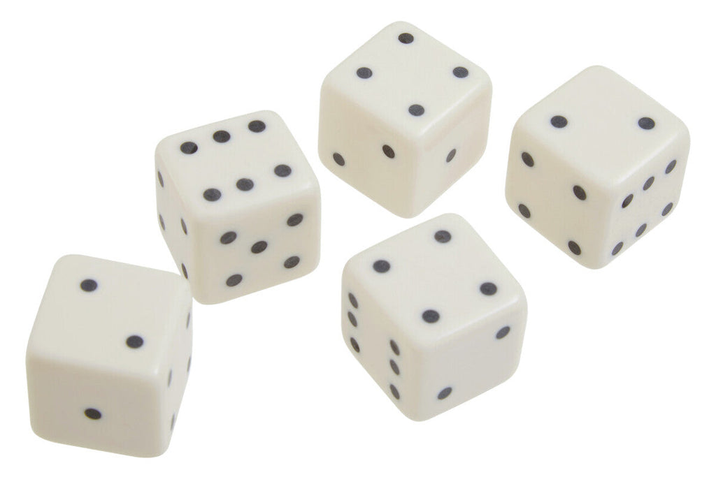 White and Gold Dice Box with Five White Dice