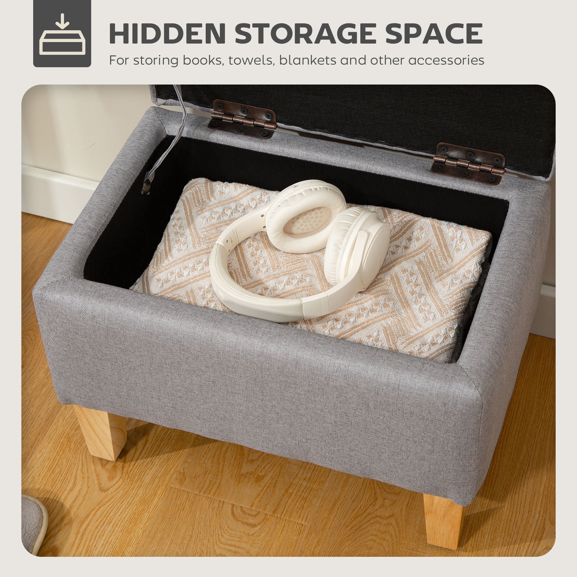 16L Linen Storage Ottoman Padded Footstool with Rubberwood Legs, Light Grey
