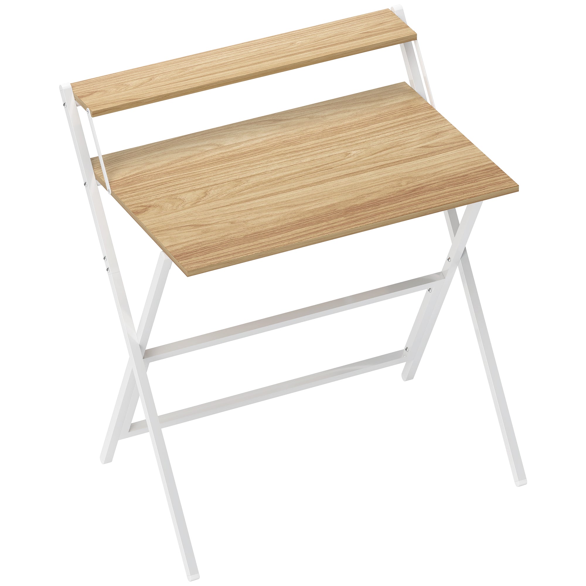 Folding Computer Desk with Monitor Shelf - Natural Wood Finish 81.5 cm