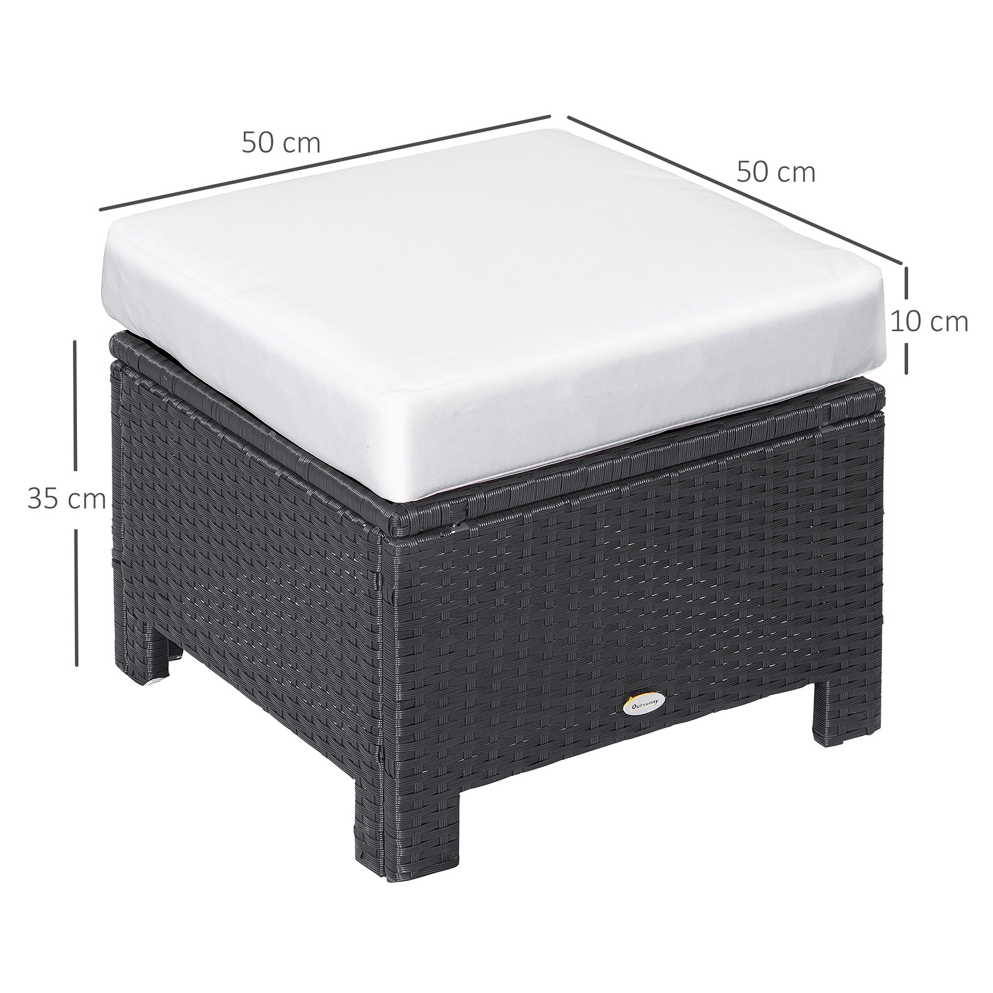 Rattan Footstool Wicker Ottoman with Padded Seat Cushion Outdoor Patio Furniture for Garden Poolside Living Room, 50 x 50 x 35 cm, Black