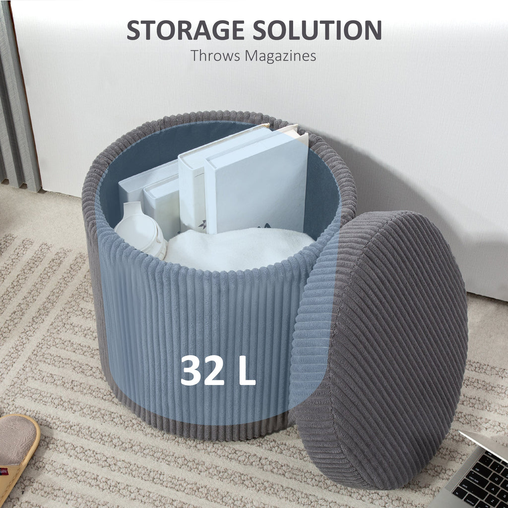 40cm Round Storage Ottoman, Corduroy Footstool with Removable Lid and Legs, Grey
