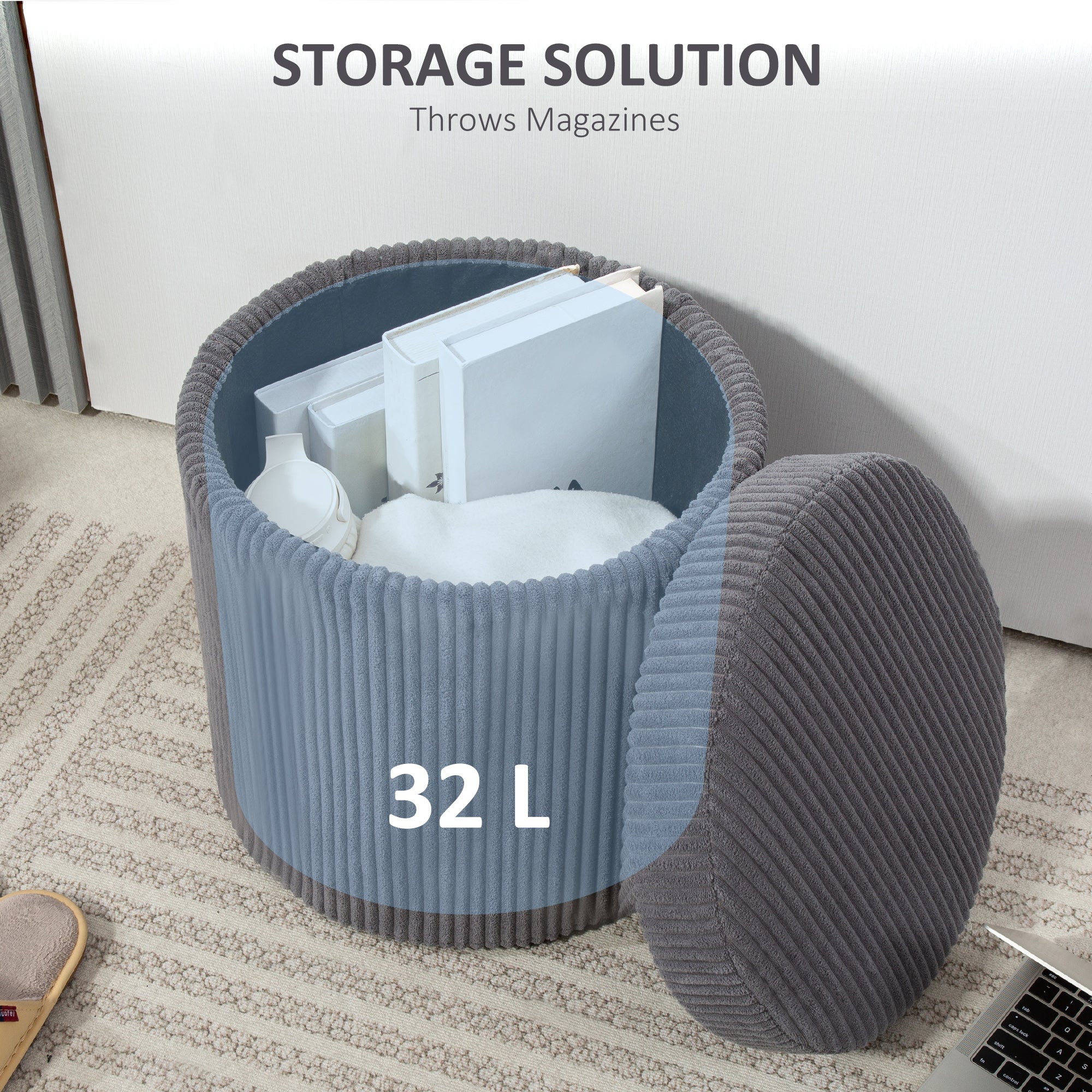 40cm Round Storage Ottoman, Corduroy Footstool with Removable Lid and Legs, Grey