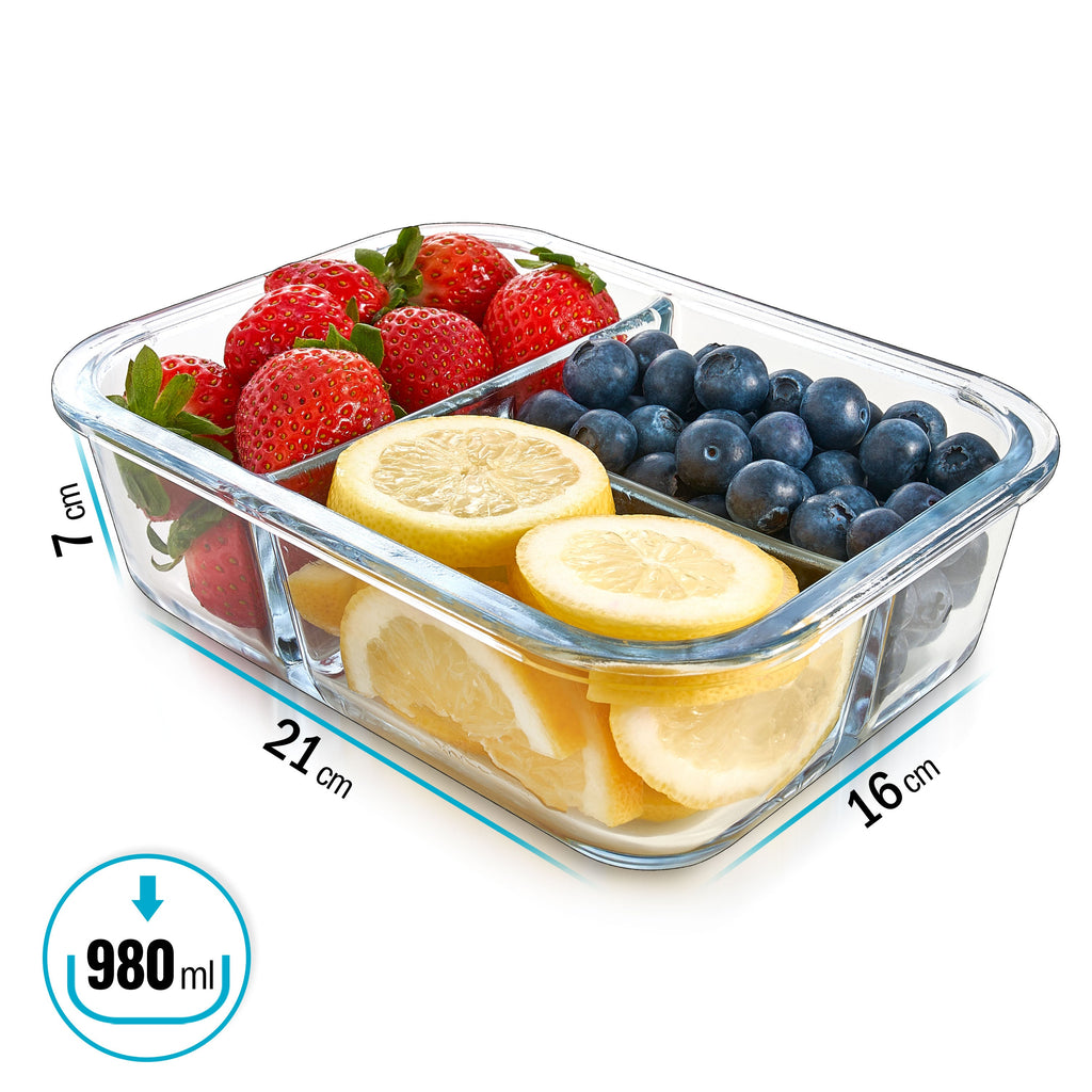 3-Compartment Glass Containers with Airtight Lids 980ml 3 Pack