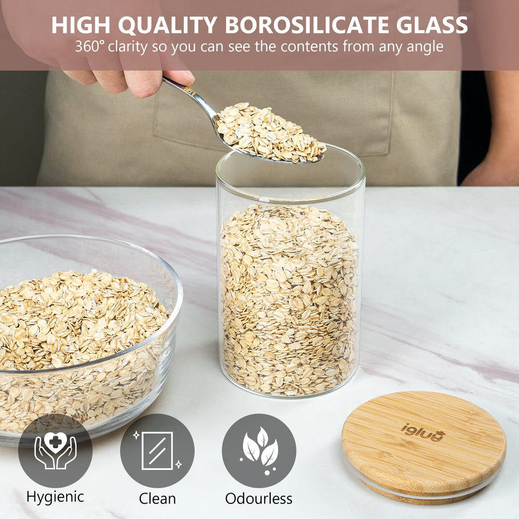 Glass Food Storage Jars with Bamboo Lids - 900ml - 3 PACK