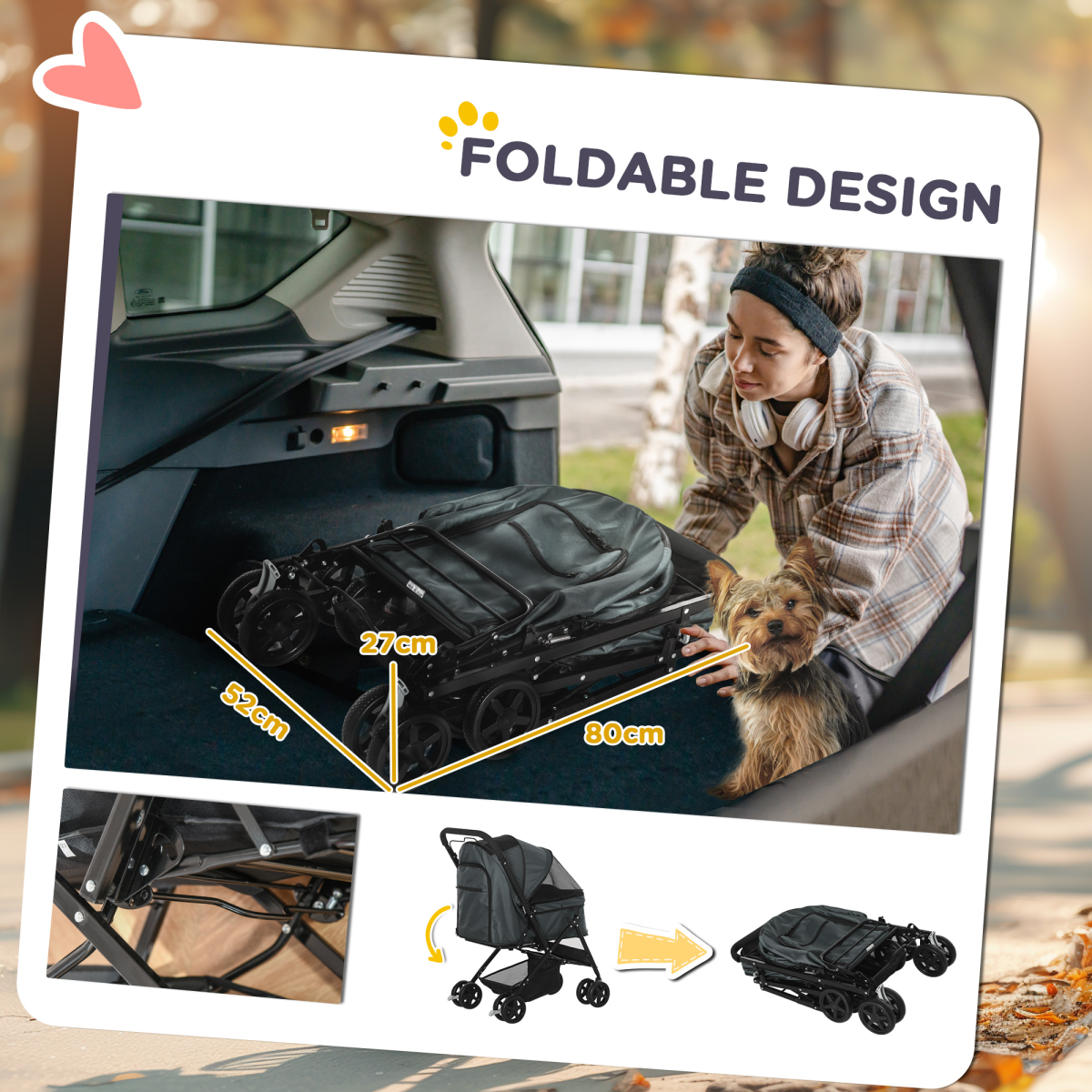 Pet Stroller - Foldable Dog Carriage w/ Reversible Handle - Grey