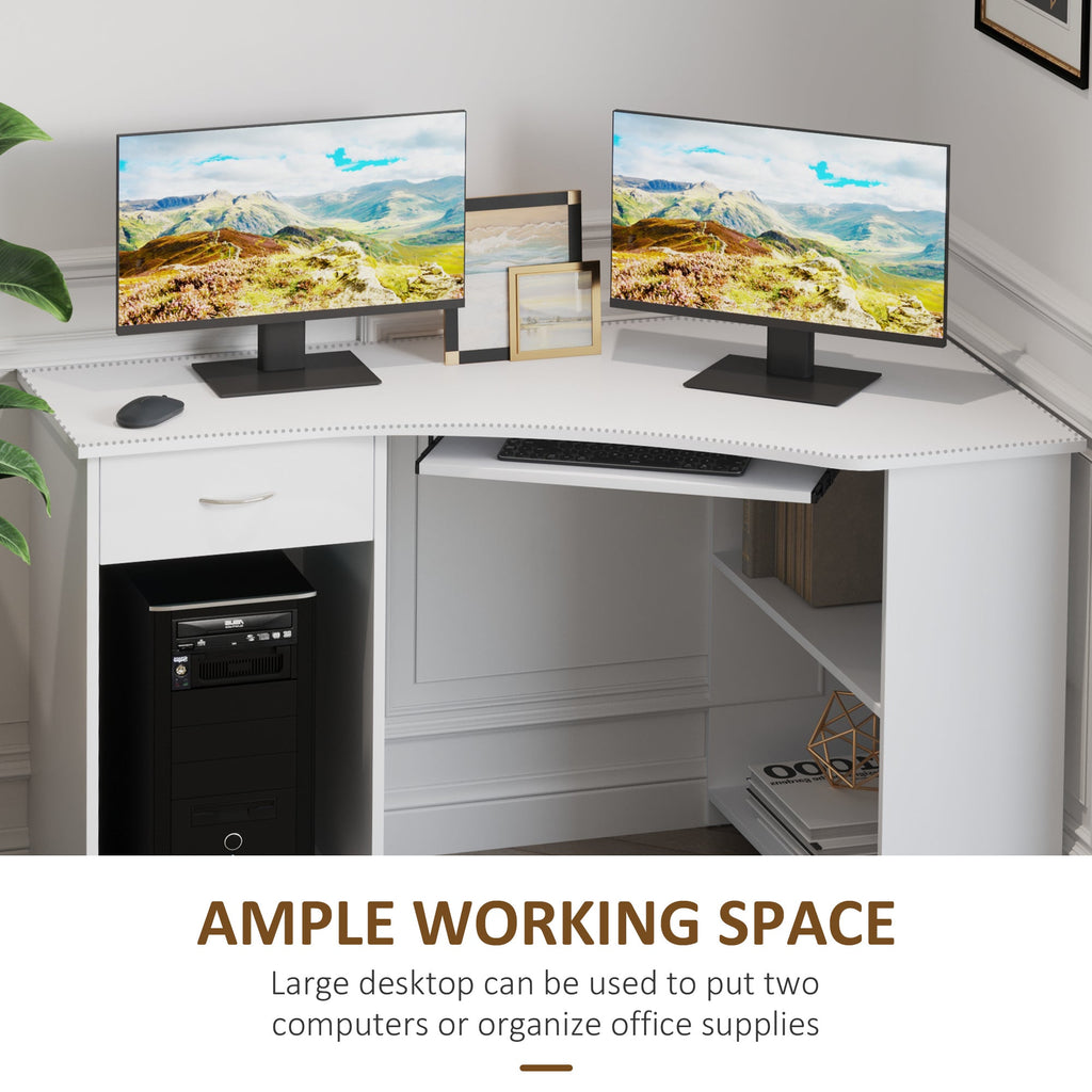 L-Shaped Corner Computer Desk with 2 Shelves, Wide Worktop, Keyboard Tray, Drawer and CPU Stand, Home Office Study Bedroom Furniture, White