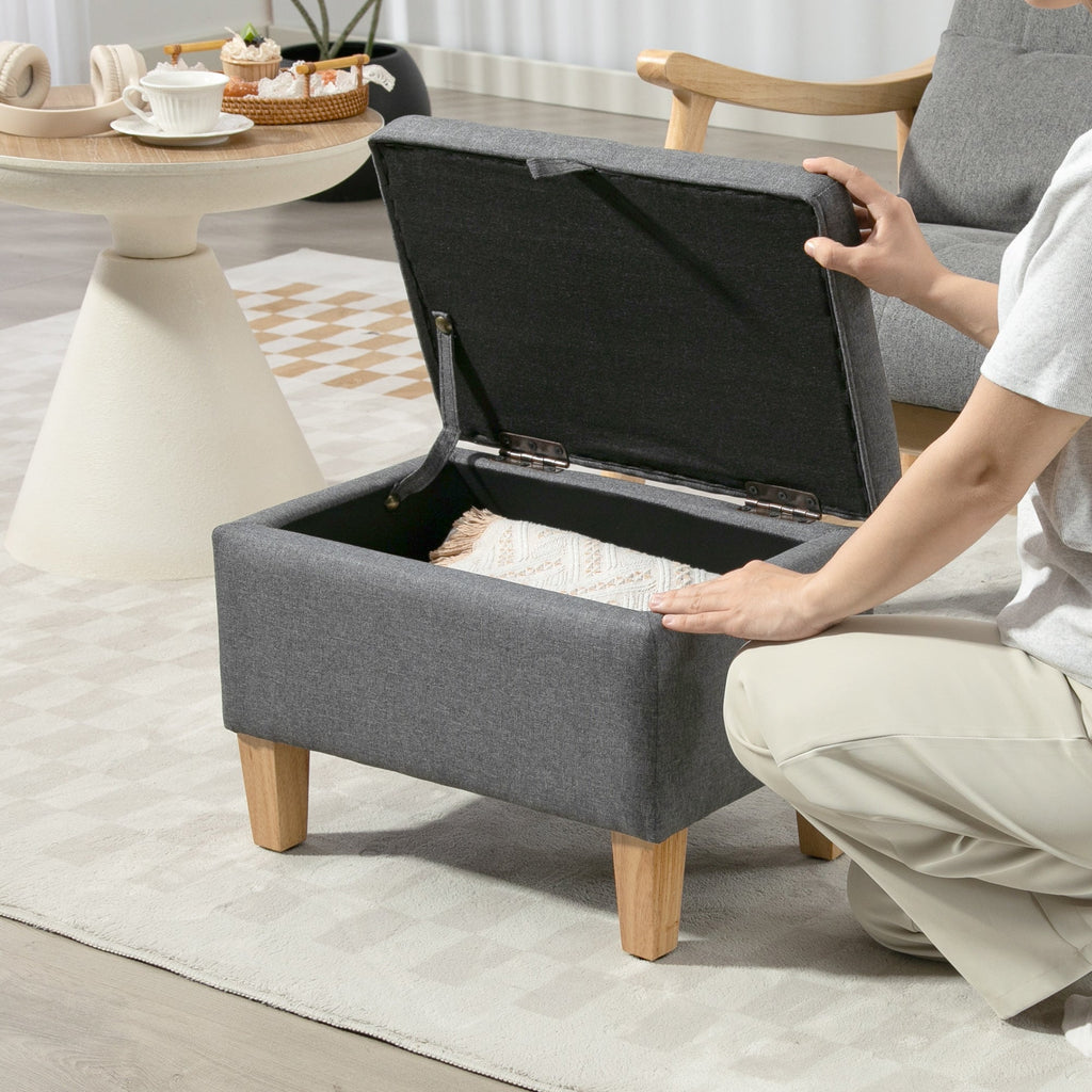 16L Linen Storage Ottoman Padded Footstool with Rubberwood Legs, Charcoal Grey