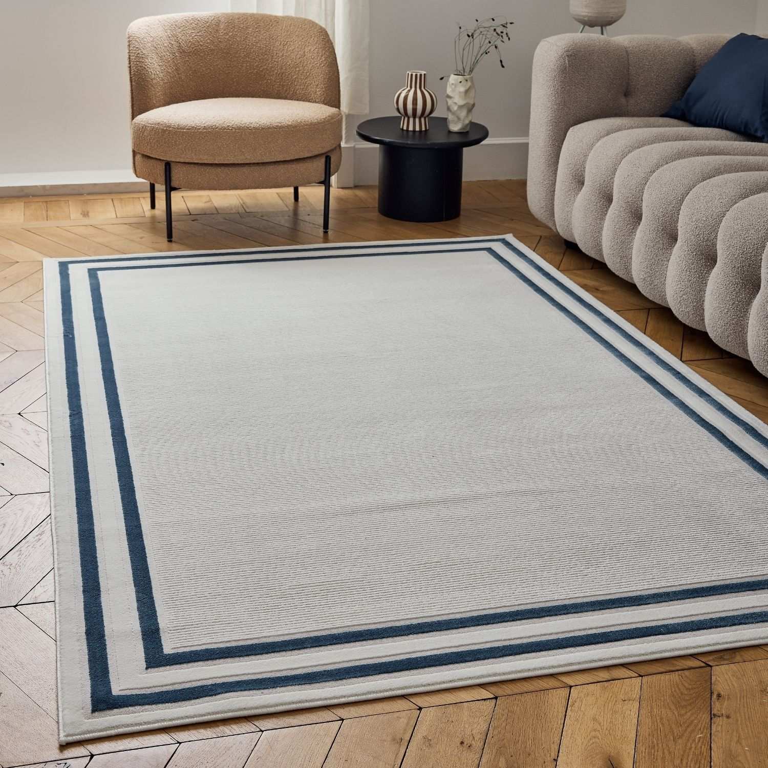 Carmel Cream-Blue Bordered Rug