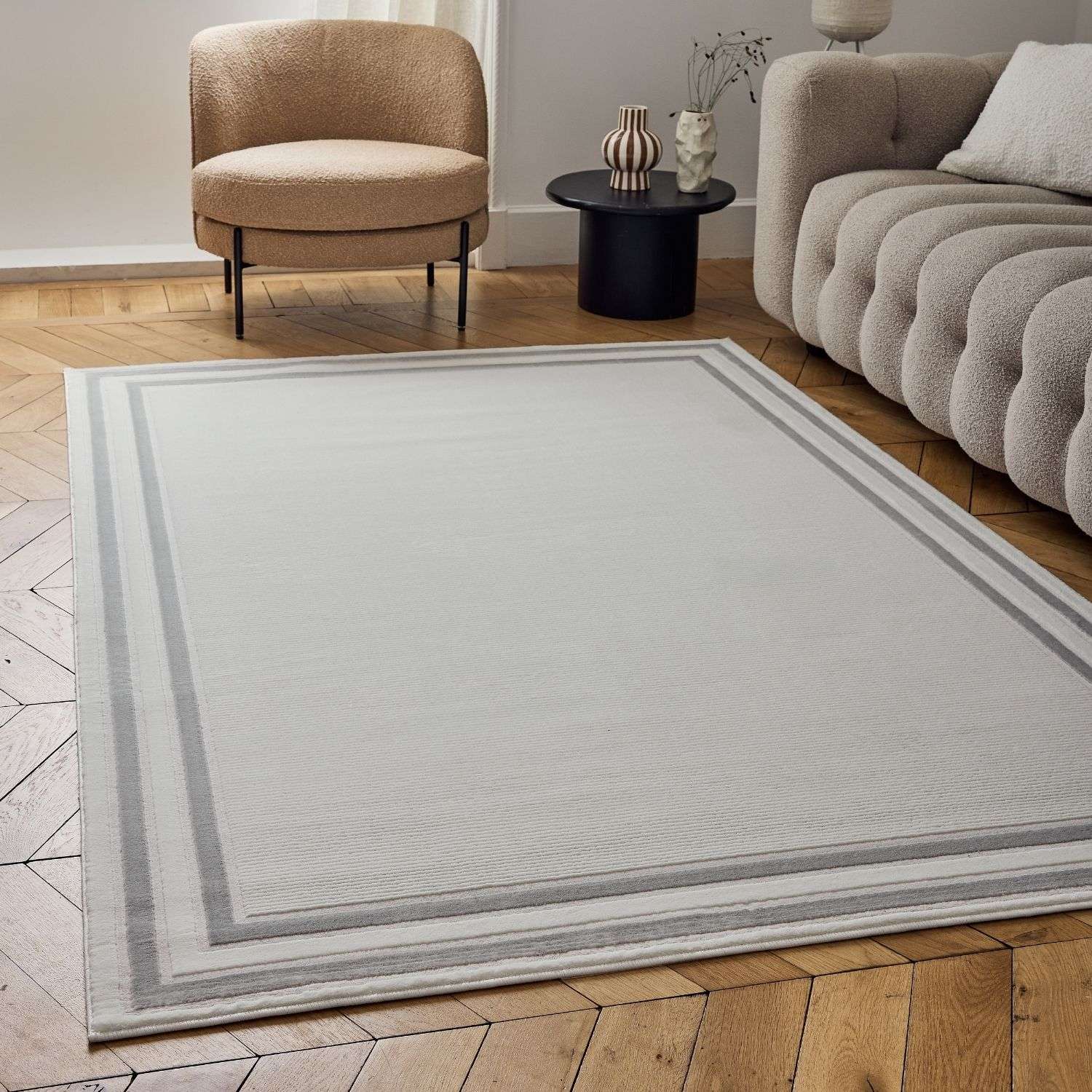 Carmel Cream-Grey Bordered Rug