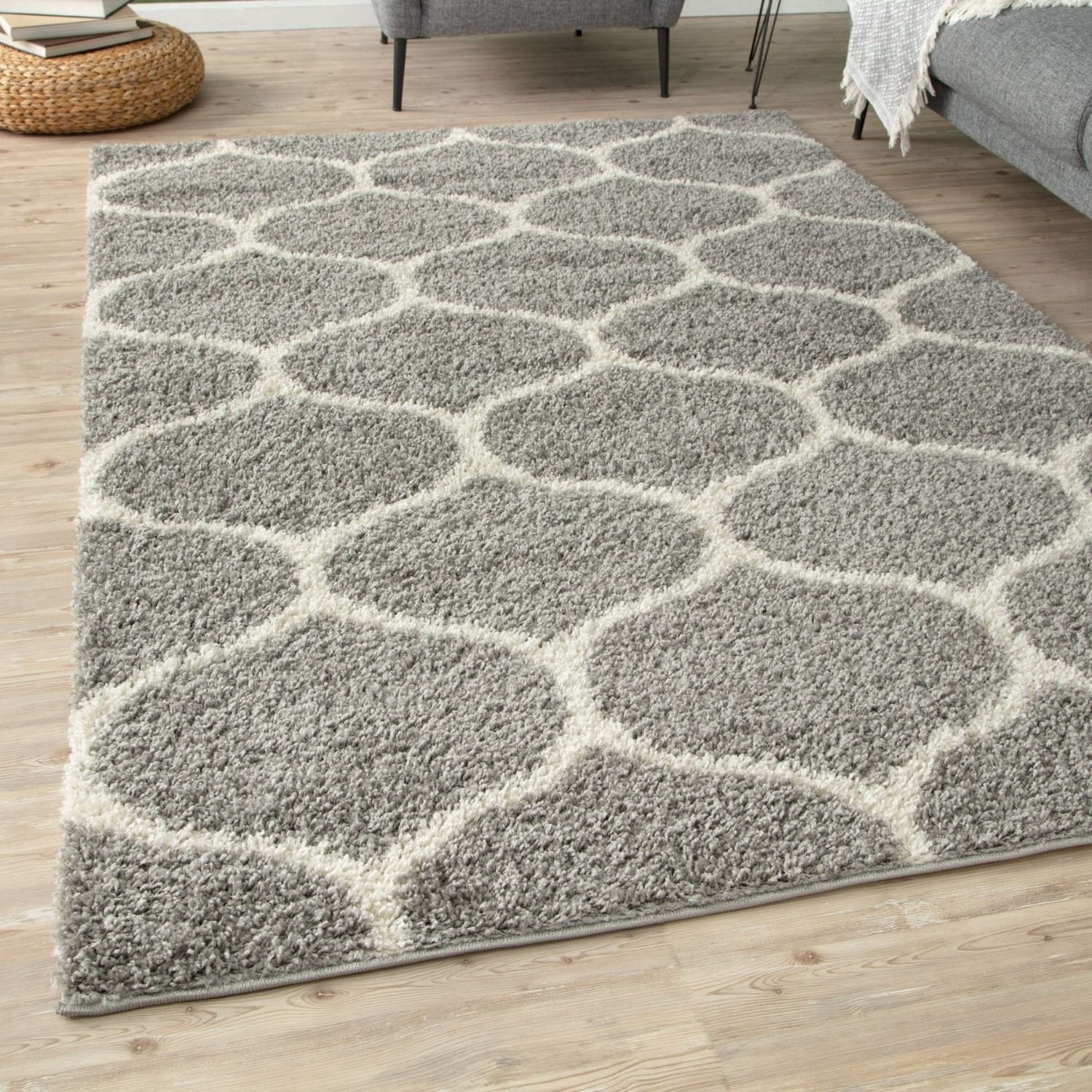 Grey Trellis Shaggy Rug