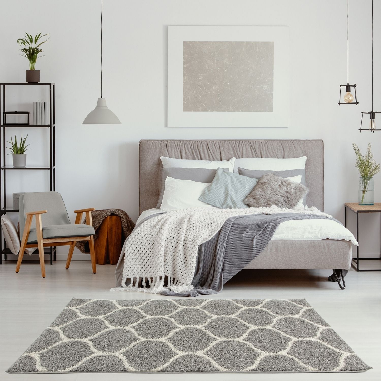 Grey Trellis Shaggy Rug