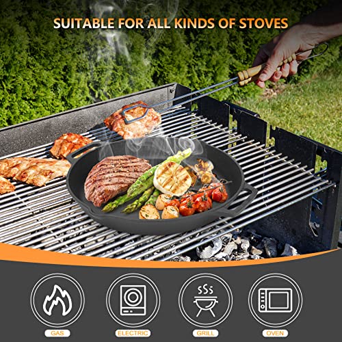 Cast Iron Pan Serving Pan Frying Pan Casserole 13.8 inch Pre-Seasoned BBQ Grill Pan for Gas Grill, Charcoal Grill Frying Pan, Pizza Pan, Oven